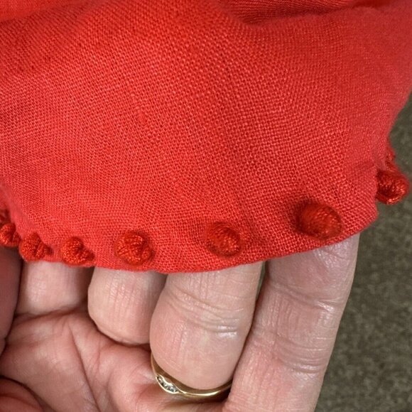 J.Crew Women's 6 Popover Blouse Orange Red 100% Linen Crochet & Fringe Detail - Picture 4 of 14